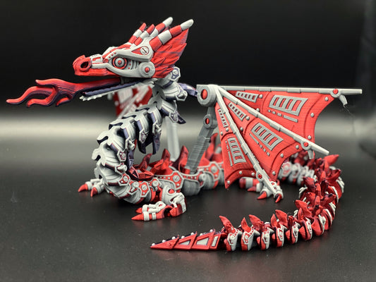 Large Mech Dragon with Wings - Red Metallic and Silver